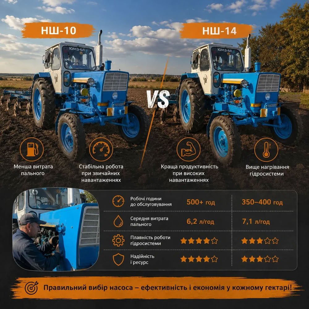 Практичні тести НШ-10 та НШ-14 на ЮМЗ-6 і рекомендації щодо вибору насоса для ГПК